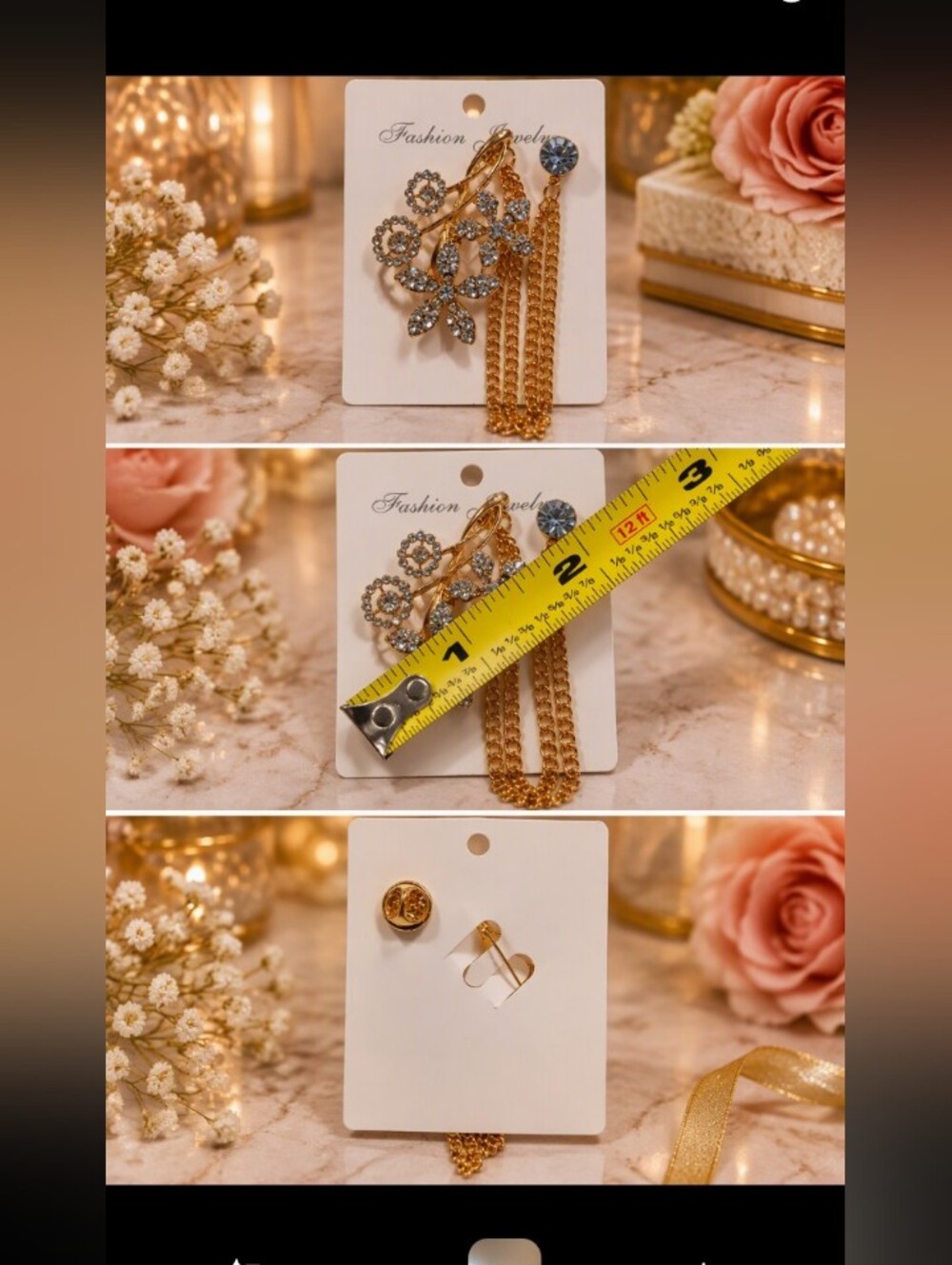 Gold Tone Crystal Floral Drop Pin with Tassel Chains